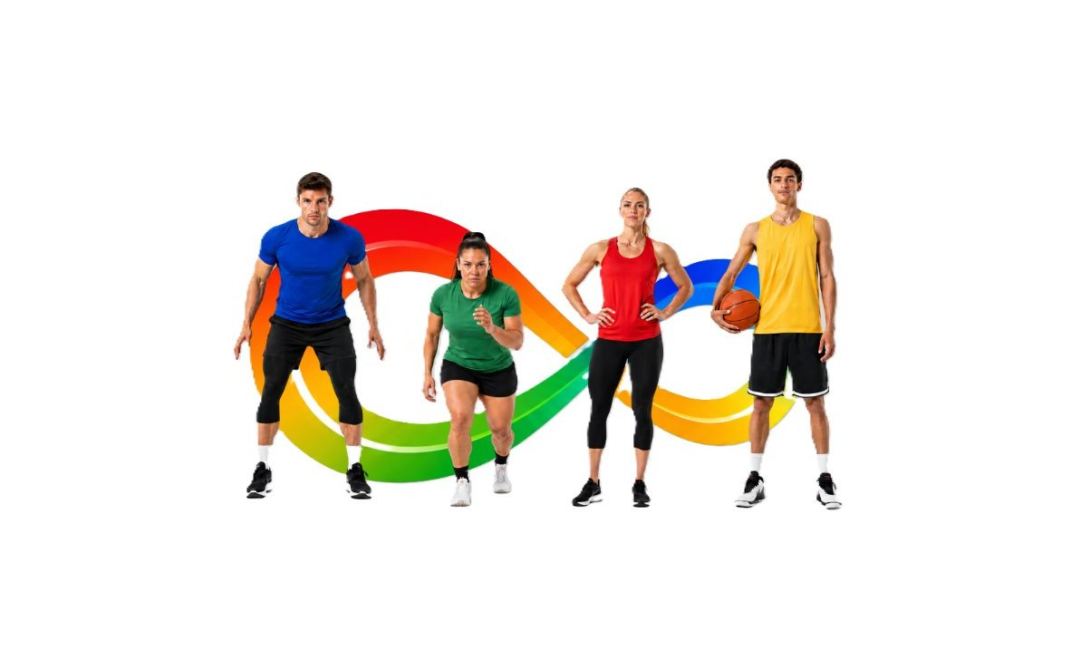 Four athletes with rainbow infinity symbol